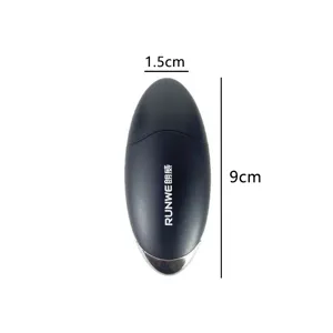 Close-up of stainless steel manual nose hair trimmer showing compact oval shape and size details.