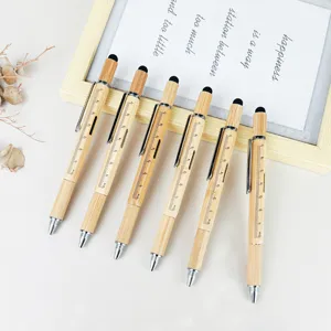 Multifunktionaler Bambus Holz Kugelschreiber mit Schraubendreher Libelle Lineal Touchscreen Eingabestift Praktisches Schreibwarenwerkzeug