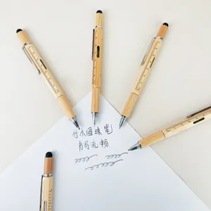 Multifunktionaler Bambus Kugelschreiber mit Skalenlineal und Eingabestift in Oberansicht.