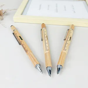 Mehrfunktionales Bambus Kugelschreiber mit Lineal Wasserwaage 6 in 1 Werkzeug Stift