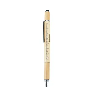 Multifunktionaler 6-in-1 Bambus-Kugelschreiber mit Touchpen, Lineal und Werkzeugfunktionen.