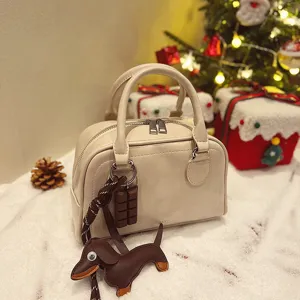 Damen Bowling Tasche Schultertasche PU Leder Kissen Tasche mit Dackel Anhänger