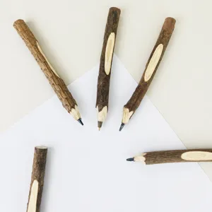Creative wooden pencil and ballpoint pen set with natural tree branch bark design for gifts.