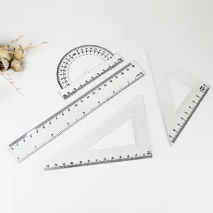 Student clear plastic geometry ruler set 4-piece straight ruler protractor triangles