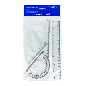 Student 4-piece math geometry ruler set with 20cm straight ruler, protractor and triangles.