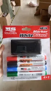 Whiteboard marker set with four colored pens and eraser for office school teaching use.