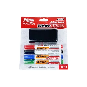 Erasable whiteboard marker set with eraser, 4 colors dry erase markers for office school use.