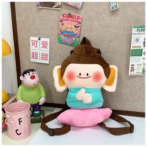 Vista dettagliata dello zaino in peluche Buddha carino, borsa bambola morbida base loto.