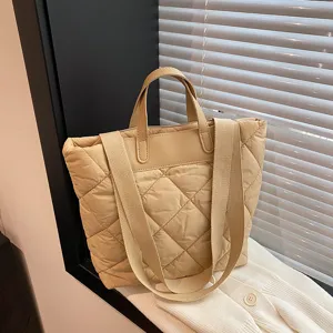 Solid color quilted tote shoulder bag large capacity casual down cotton crossbody bag for women