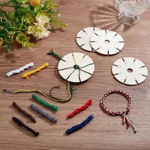Wooden round kumihimo braiding disc set with colorful threads and finished DIY bracelet.