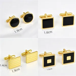 Gold-plated metal French cufflinks set featuring classic round and square black enamel designs.