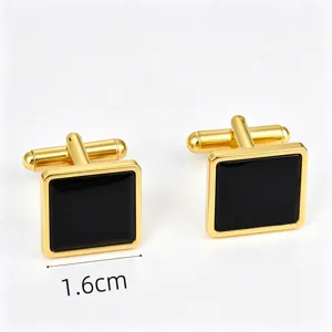 Classic square gold-tone cufflinks with black enamel insert for men, stylish shirt accessories.