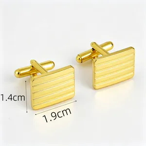 Gold rectangular striped metal cufflinks for men, elegant business dress shirt links.