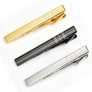 Classic metal tie clip set with laser grid design, elegant gold, black and silver options.