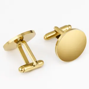 Close up of gold stainless steel round French cufflinks, polished mirror surface detail.
