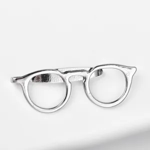 Silver glasses shape tie clip detail, unique metal novelty men suit accessory design.