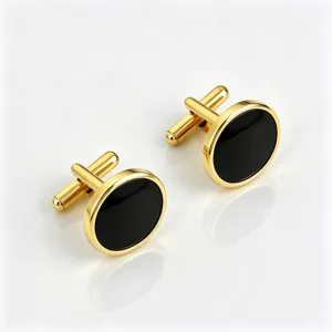 Classic gold-plated round cufflinks with black enamel inlay for men's formal dress shirts.