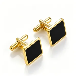 Gold square cufflinks with black enamel inlay, elegant design for men French shirts.