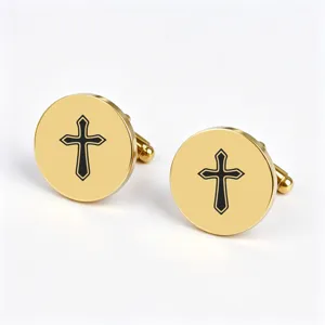 Gold stainless steel round cufflinks with black cross laser engraved design for men business shirt.