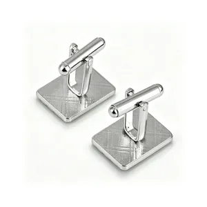 Silver rectangular cufflinks with stylish grid texture for men, elegant business shirt accessories.