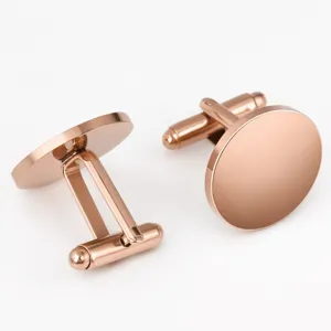 Rose gold mirror polished stainless steel round cufflinks detail, classic French shirt accessories.
