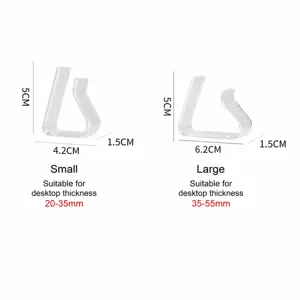 Clear plastic tablecloth clips size chart showing small and large options with measurements.