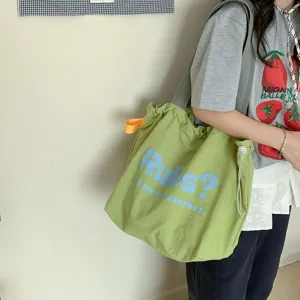 Casual minimalist green shoulder tote bag with drawstring, stylish large capacity for daily use.