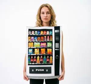 Détail de costume de distributeur automatique drôle d'Halloween, tenue de scène de fête.