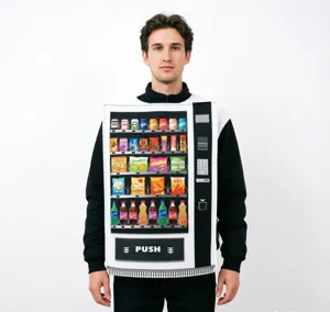 Détail du costume de distributeur automatique, vêtement drôle de fête pour Halloween.