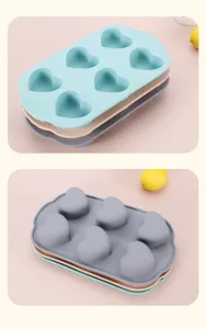 Detailed view of a 6-cavity heart silicone baking mold for cakes, chocolates, and pastries.