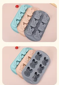Silicone rabbit baking mold detail showing cute animal shape cavities in multiple pastel colors.
