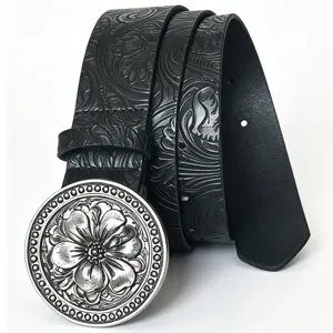 Ceinture en cuir PU sculpté rétro avec boucle métallique ronde, style punk western.