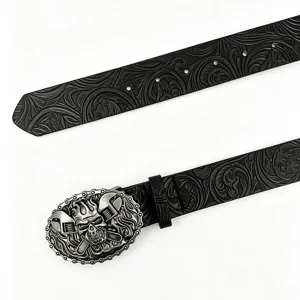 Ceinture en cuir PU gaufré rétro avec boucle en métal tête de mort punk pour hommes femmes.