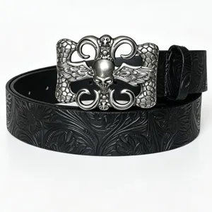 Ceinture En Cuir PU Tête De Mort Gothique Boucle Métal Vintage Style Punk Unisexe