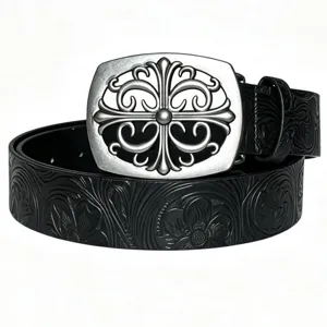 Ceinture en cuir PU gaufré rétro avec boucle métallique argentée gothique hommes femmes.