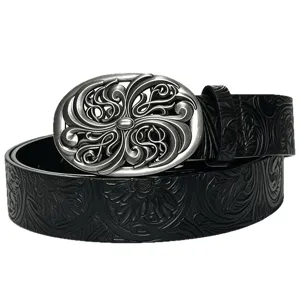 Ceinture vintage en cuir PU gaufré avec boucle ovale en métal argenté pour hommes et femmes