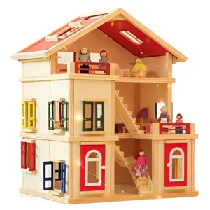 Grande casa delle bambole in legno con più piani, stanze e bambole per bambini.