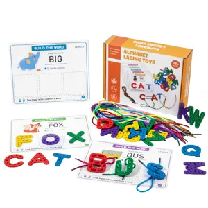 Kids alphabet lacing toys set with wooden letter blocks colorful string and learning cards