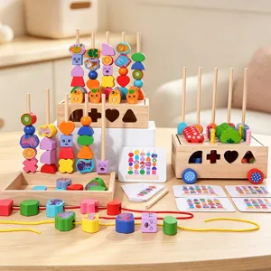 Juguetes Educativos de Madera Montessori para Niños Juego de Pesca Columna Apilable Cuentas Reconocimiento de Formas Colores Juguete Preescolar