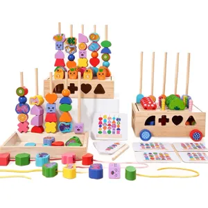 Set de juguetes educativos de madera Montessori para niños, coche de formas y juego de enhebrar.