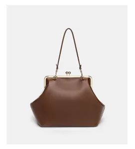 Elegant large brown kiss-lock handbag with metal frame, stylish shoulder bag for daily use.