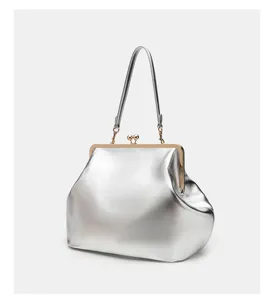 Large silver kiss-lock evening bag metal frame elegant clutch handbag for women