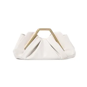 White pleated clutch bag for women with geometric gold metal handle elegant evening purse