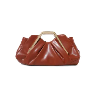 Elegant brown pleated clutch bag with gold geometric metal handle, chic evening handbag.