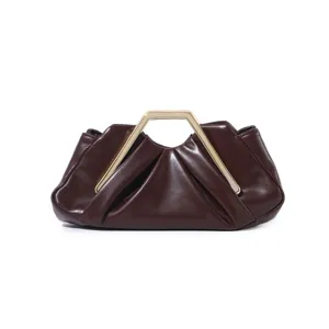 Chic dark brown leather clutch bag with distinctive metal handle elegant pleated evening bag
