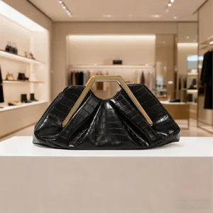 Black crocodile embossed clutch bag with luxury metal handle, elegant pleated evening bag for women.