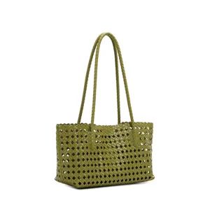Sac cabas tissé vert olive pour femme, élégant sac à main bandoulière ajouré de mode.