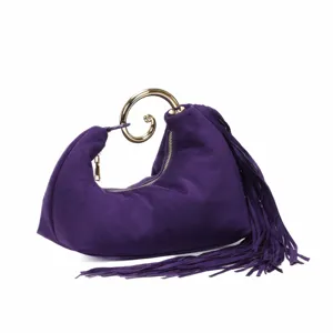 Purple suede handbag with gold spiral handle and tassel detail, stylish evening clutch bag.