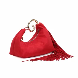 Red suede fringe handbag with unique gold spiral metal handle for evening party chic style.