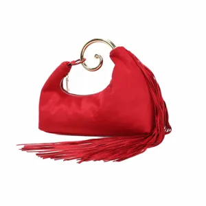 Red suede fringe handbag with unique gold spiral metal handle, retro evening clutch bag.